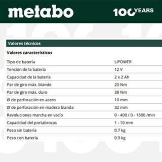 Atornillador METABO PowerMaxx BS BL Quick 12V + 2Baterías 12V/2Ah Li-Power + Cargador + Maletin - Imagen 2