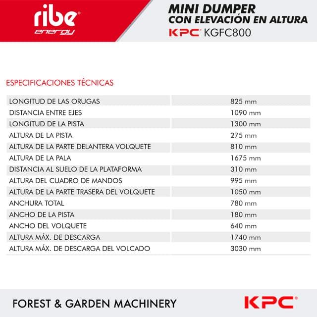 Mini Dumper Autocargable y Elevable KPC RIBE KGFC800G Motor Gasolina B&S - Imagen 6