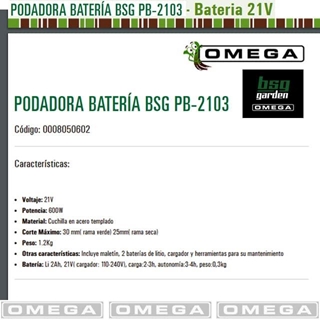 Podadora Batería OMEGA BSG-2130 21V Cargador + 2 Baterías Litio 2Ah - Imagen 2