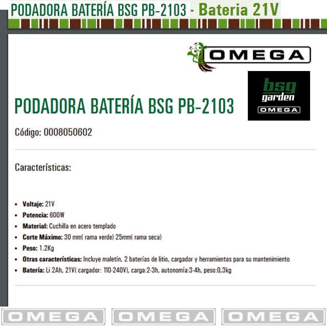 Podadora Batería OMEGA PB2103 21V Cargador + 2 Baterías Litio 2Ah - Imagen 2